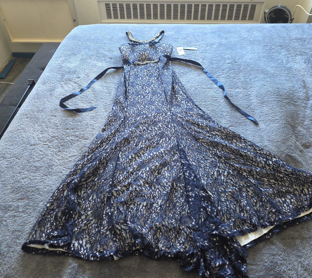 Sequin Hearts Navy Lace Gown with Beaded Neckline